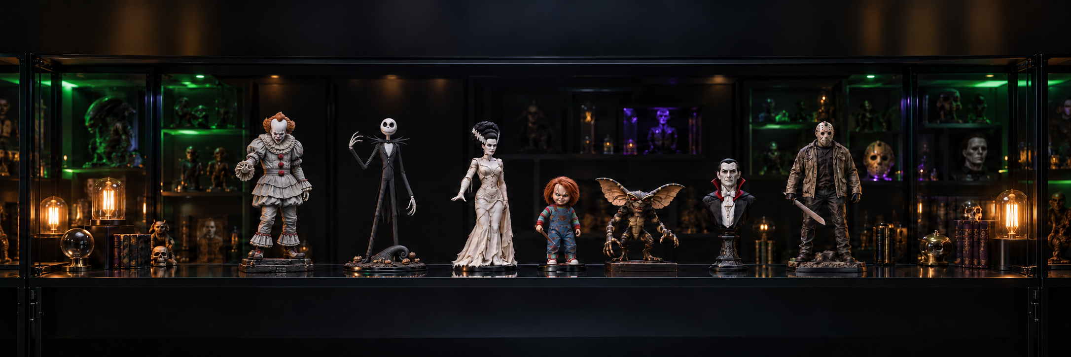 Vitrina con figuras de colección de cine de terror