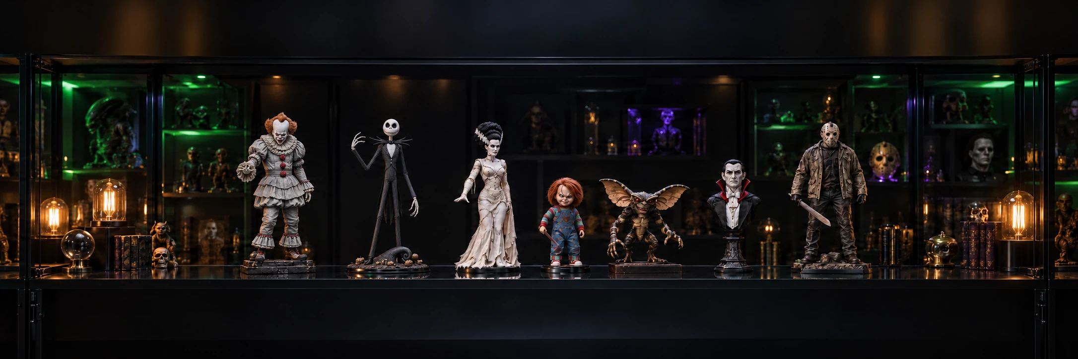 Vitrina con figuras de colección de cine de terror